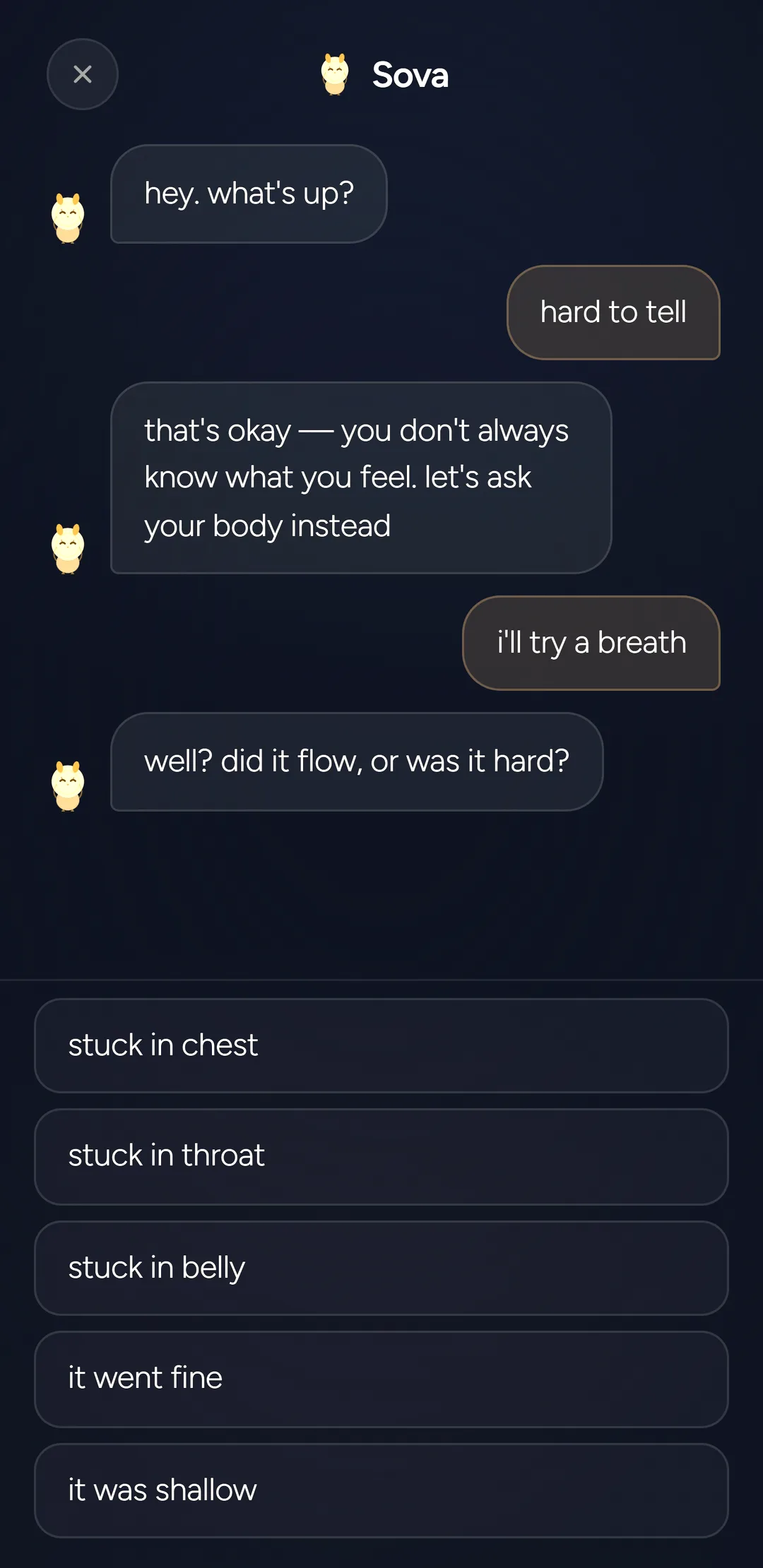 Chat with sova: a question about how you’re doing, with ready-made answers to choose from