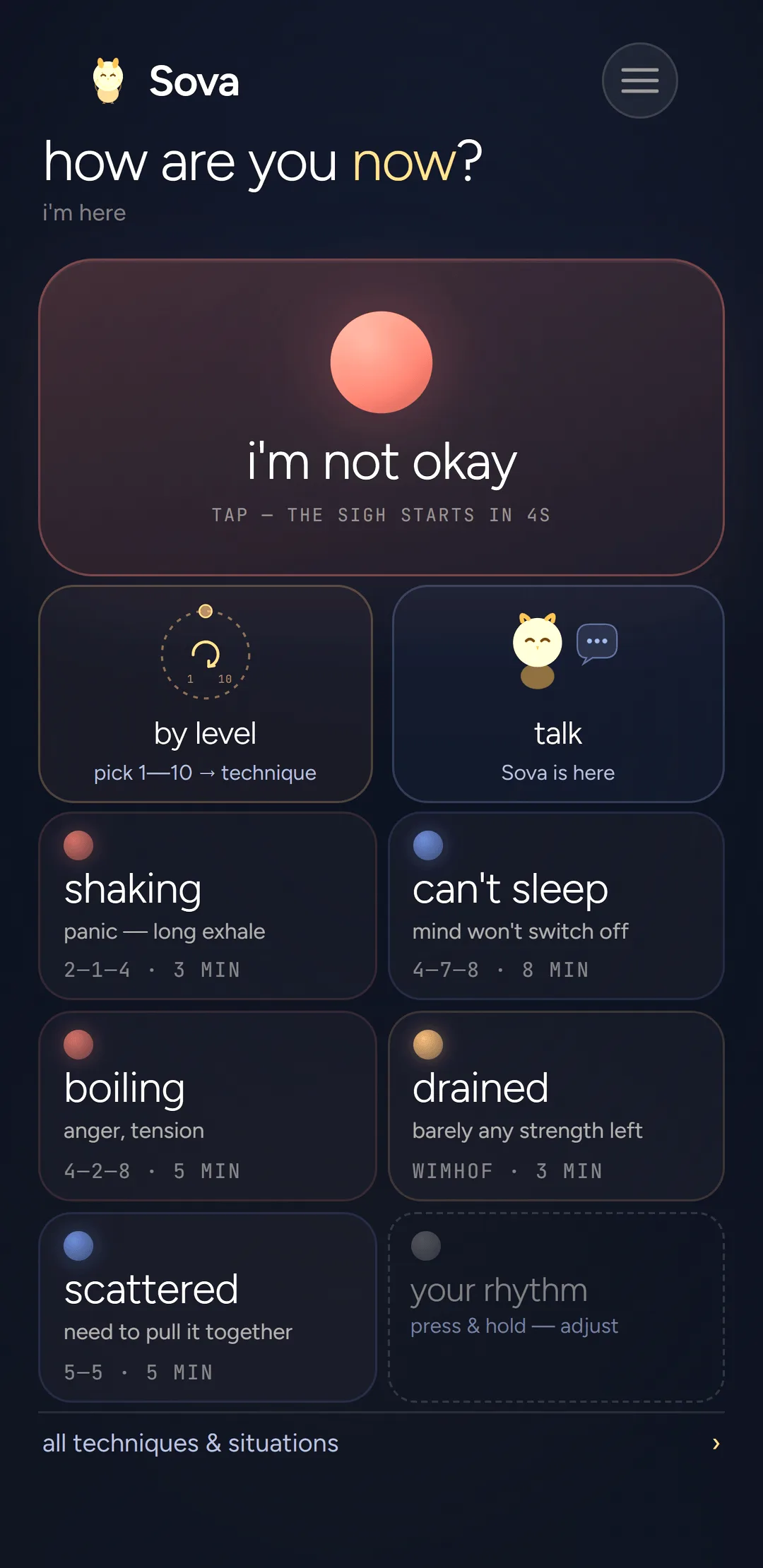 Sova home screen: “i’m not okay”, and picking a technique by situation